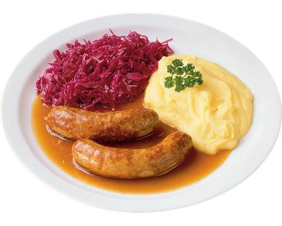 Bratwurst mit Rotkohl und Kartoffelpüree
